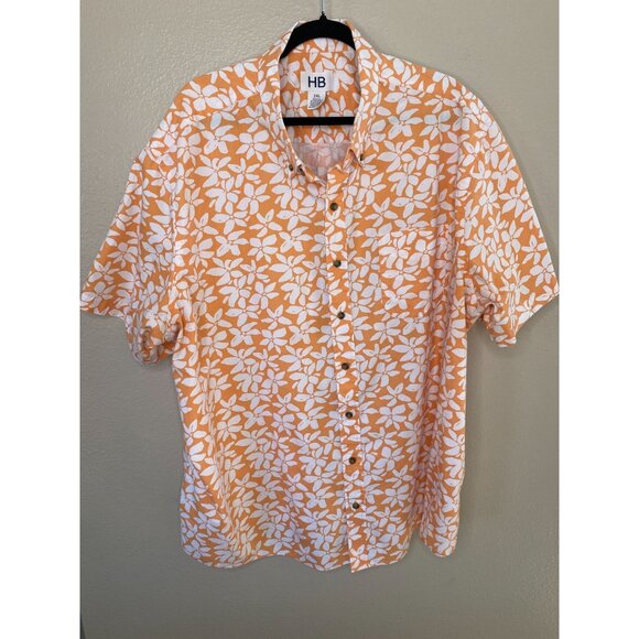 HB Mens Orange White Floral Short Sleeve Button-Up Shirt 2XL Cotton/Polyester - Picture 2 of 6